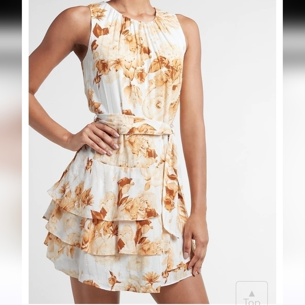 3 X$25  Metallic Floral Tiered Ruffle Fit And Flare Dress in yellow print size S